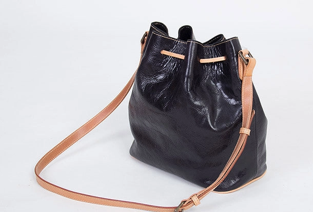 Handmade vintage bucket leather black bag orange shoulder bag crossbody for women