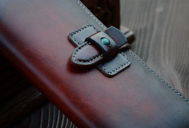 Handmade vintage dark brown leather long wallet purse clutch for men