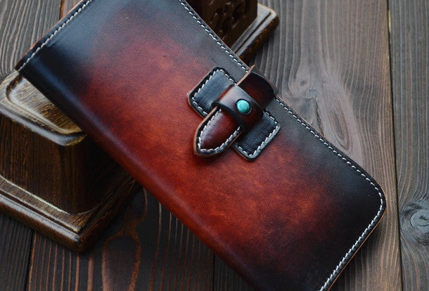 Handmade vintage dark brown leather long wallet purse clutch for men