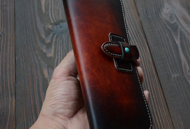 Handmade vintage dark brown leather long wallet purse clutch for men