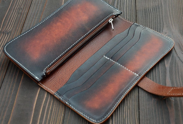 Handmade vintage dark brown leather long wallet purse clutch for men