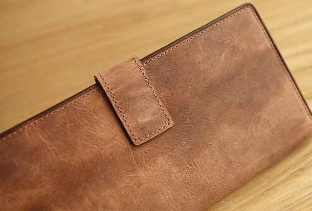 Handmade vintage leather clutch bag long wallet multi ID card holders slots for men