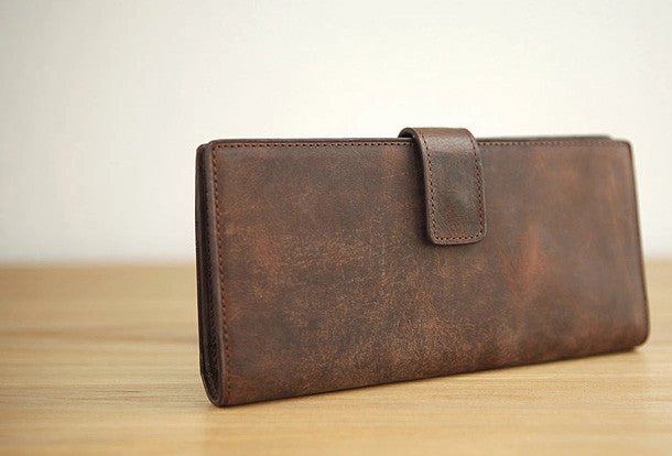 Handmade vintage leather clutch bag long wallet multi ID card holders slots for men