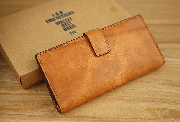 Handmade vintage leather clutch bag long wallet multi ID card holders slots for men