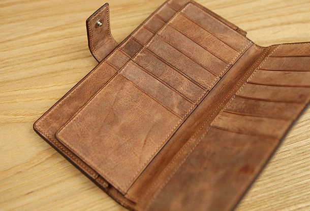 Handmade vintage leather clutch bag long wallet multi ID card holders slots for men
