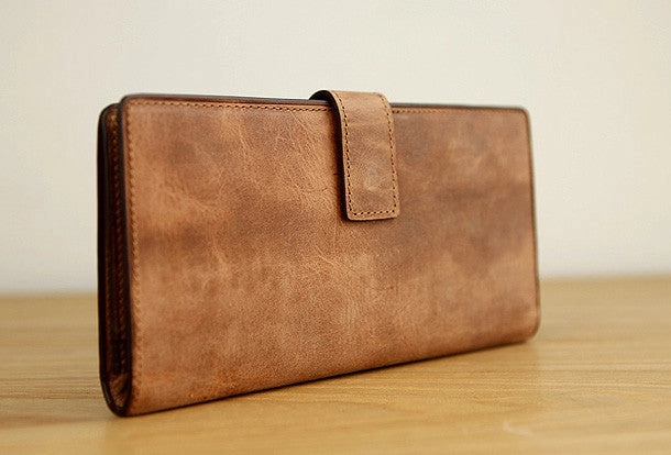 Handmade vintage leather clutch bag long wallet multi ID card holders slots for men
