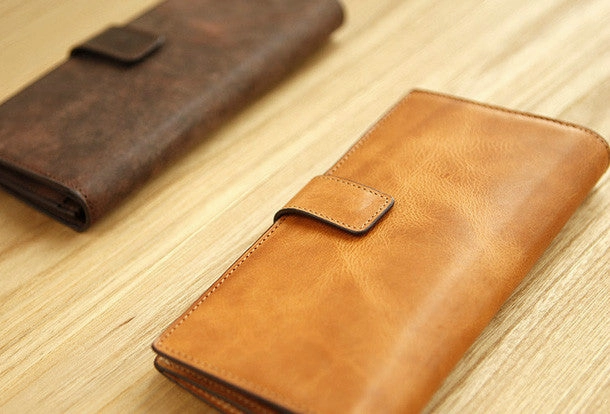 Handmade vintage leather clutch bag long wallet multi ID card holders slots for men