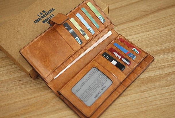 Handmade vintage leather clutch bag long wallet multi ID card holders slots for men