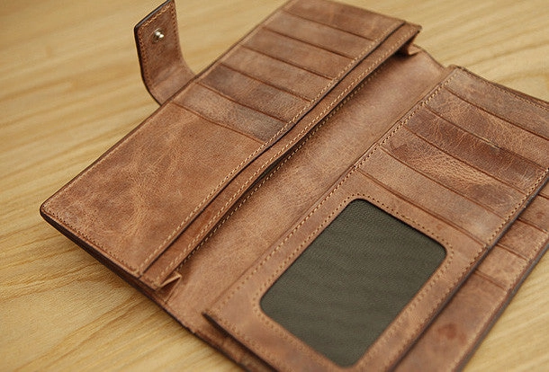 Handmade vintage leather clutch bag long wallet multi ID card holders slots for men