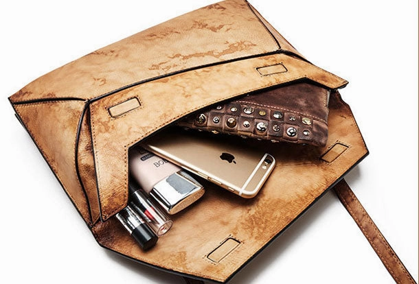 Handmade Vintage Leather Handbag Geometirc Envelope Crossbody Bag Shoulder bag Leather Clutch Wallet For Women
