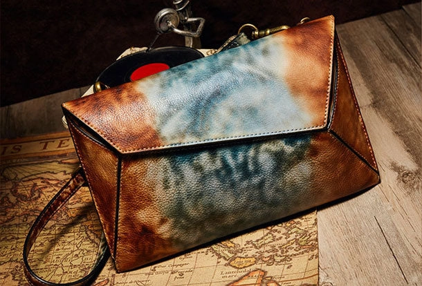 Handmade Vintage Leather Handbag Geometirc Envelope Crossbody Bag Shoulder bag Leather Clutch Wallet For Women