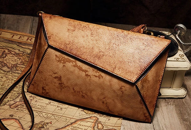 Handmade Vintage Leather Handbag Geometirc Envelope Crossbody Bag Shoulder bag Leather Clutch Wallet For Women