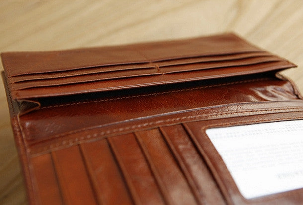 Handmade vintage modern leather clutch bag long wallet ID card holders slots for men
