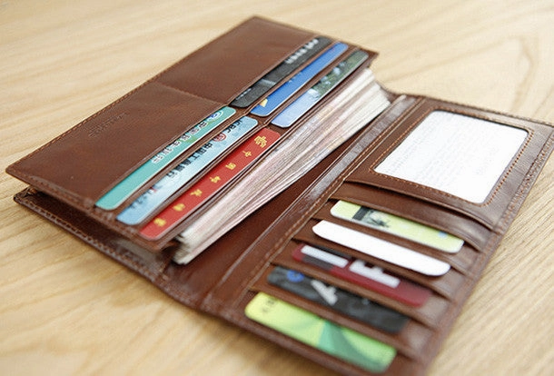 Handmade vintage modern leather clutch bag long wallet ID card holders slots for men