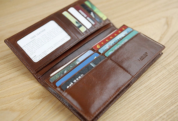 Handmade vintage modern leather clutch bag long wallet ID card holders slots for men