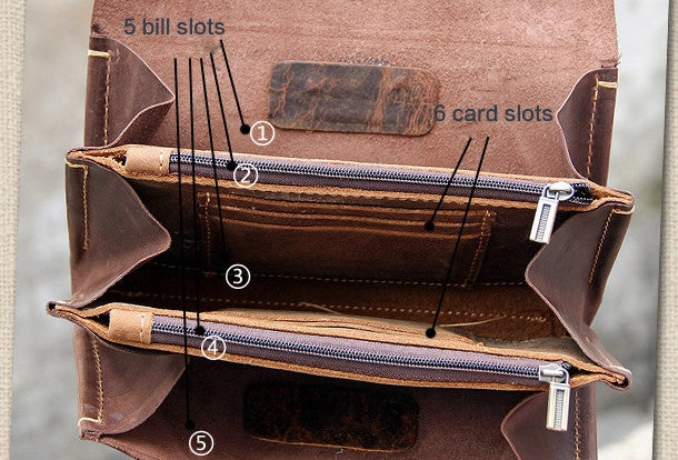 Handmade vintage rustic brown leather clutch long ID cards zip holders wallet for men