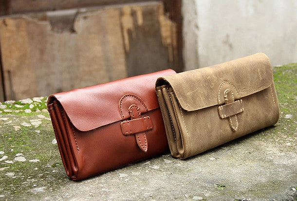 Handmade vintage rustic brown leather clutch long ID cards zip holders wallet for men