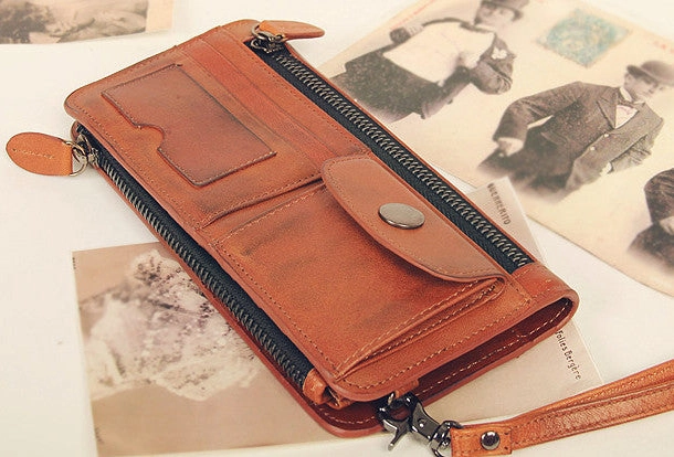 Handmade vintage rustic orange leather clutch long ID cards zip holders wallet for men