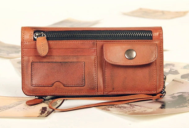 Handmade vintage rustic orange leather clutch long ID cards zip holders wallet for men