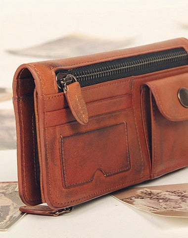 Handmade vintage rustic orange leather clutch long ID cards zip holders wallet for men
