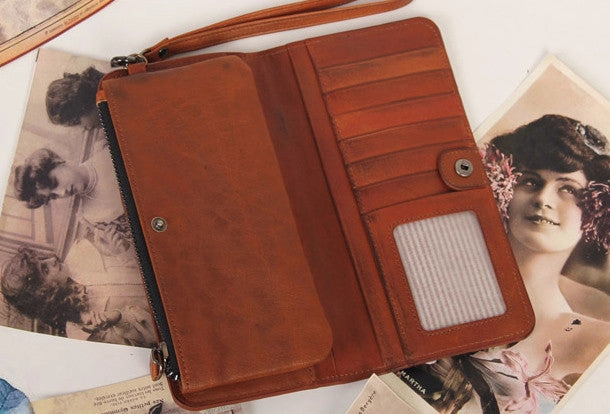 Handmade vintage rustic orange leather clutch long ID cards zip holders wallet for men