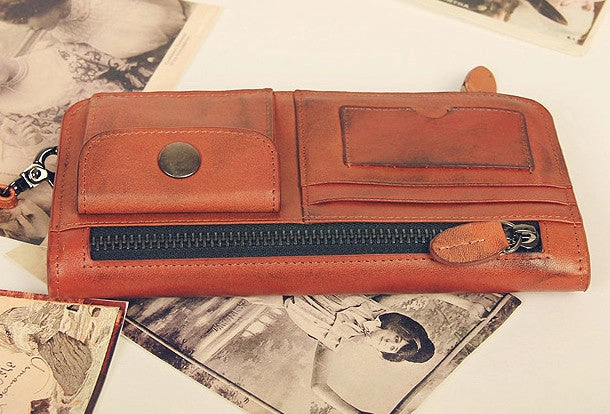 Handmade vintage rustic orange leather clutch long ID cards zip holders wallet for men