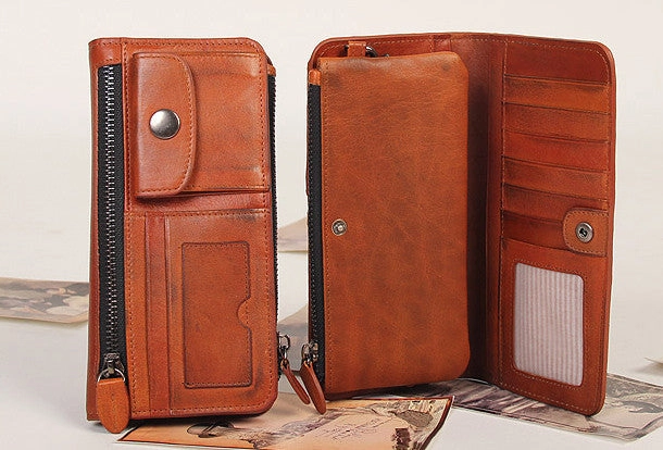 Handmade vintage rustic orange leather clutch long ID cards zip holders wallet for men