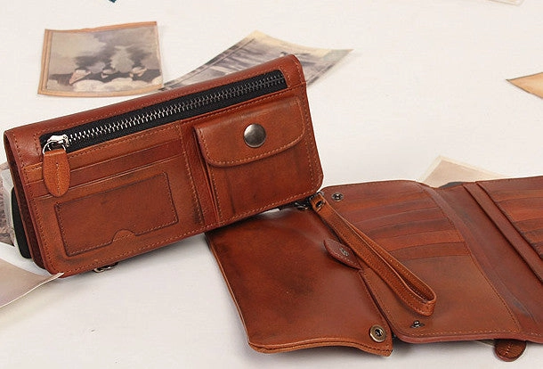 Handmade vintage rustic orange leather clutch long ID cards zip holders wallet for men