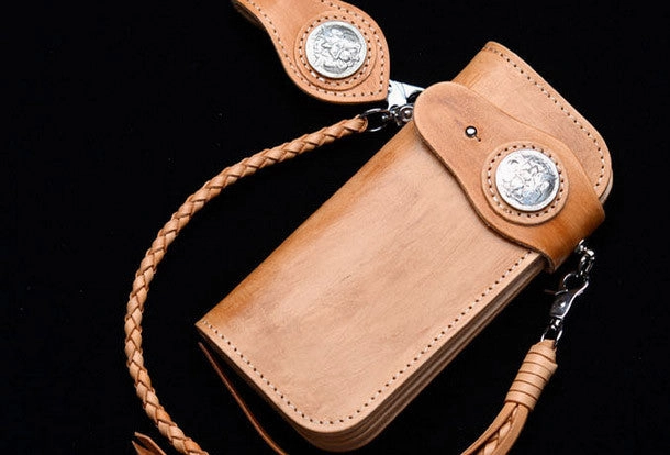 Handmade vintage tan men biker wallet chain leather Long wallet purse clutch for men