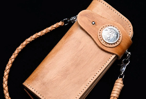 Handmade vintage tan men biker wallet chain leather Long wallet purse clutch for men