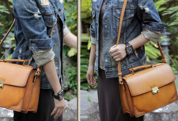Handmade vintage womens leather messenger bag beige shoulder bags for women