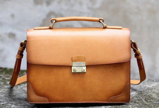 Handmade vintage womens leather messenger bag beige shoulder bags for women