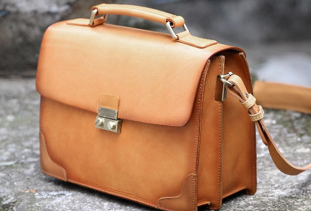 Handmade vintage womens leather messenger bag beige shoulder bags for women