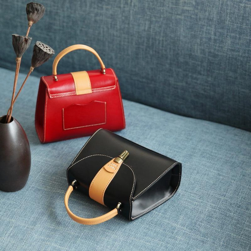 Handmade Women's Black Leather Handbags Purse Vintage Small Handbag Shoulder Bag Purse
