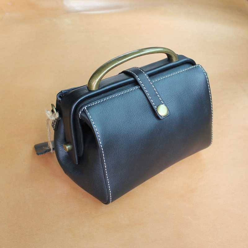 Handmade Womens Black Leather Mini Doctor Handbags Shoulder Purses Black Doctor Purses for Women
