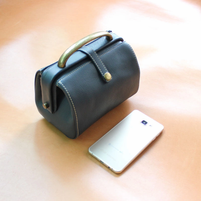 Handmade Womens Black Leather Mini Doctor Handbags Shoulder Purses Black Doctor Purses for Women