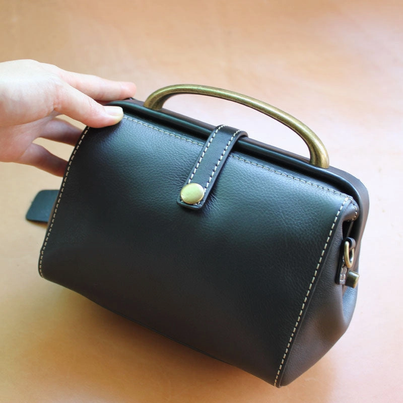 Handmade Womens Black Leather Mini Doctor Handbags Shoulder Purses Black Doctor Purses for Women