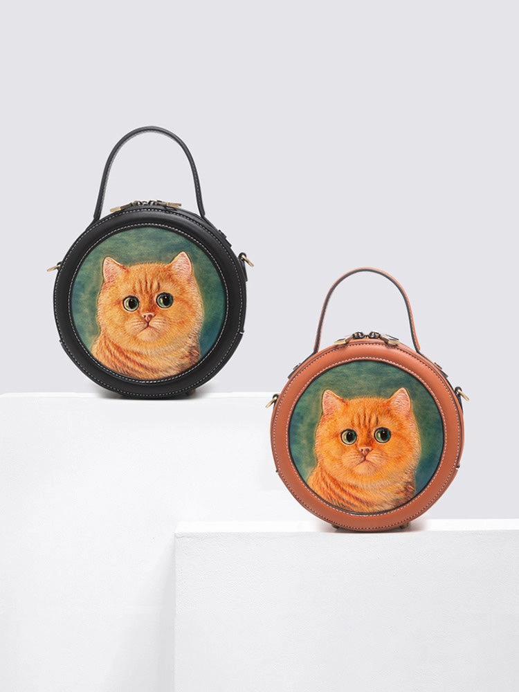 Handmade Womens Black Leather Round Handbag Purse Cat Round Crossbody Bag for Women