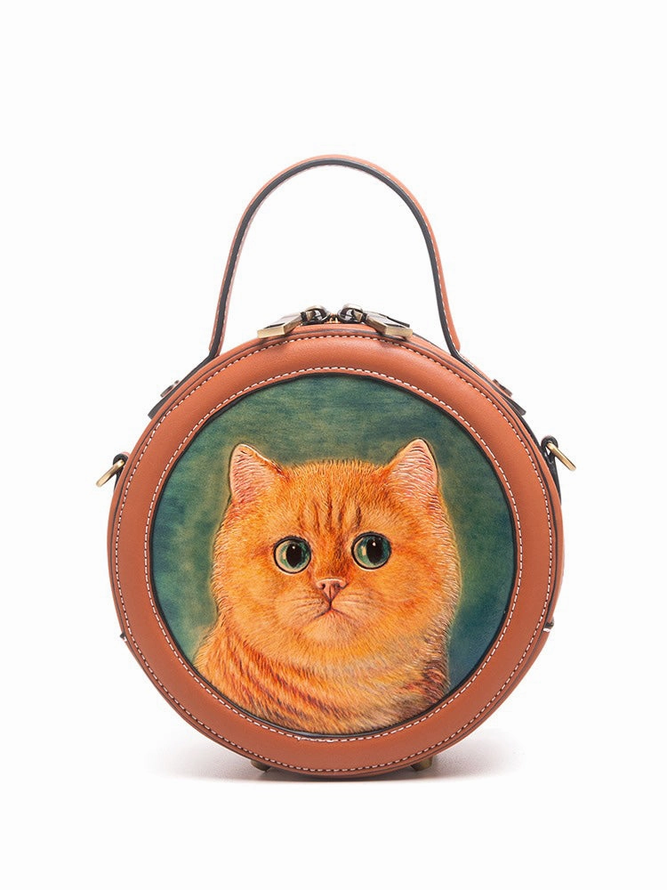 Handmade Womens Black Leather Round Handbag Purse Cat Round Crossbody Bag for Women