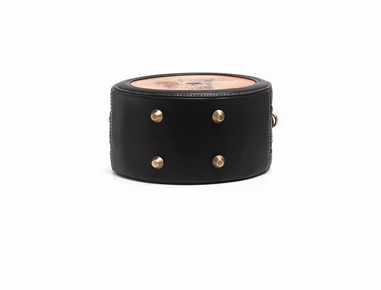 Handmade Womens Black Leather Round Handbag Purse Cat Round Crossbody Bag for Women