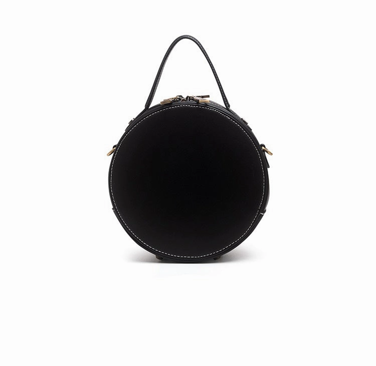 Handmade Womens Black Leather Round Handbag Purse Cat Round Crossbody Bag for Women