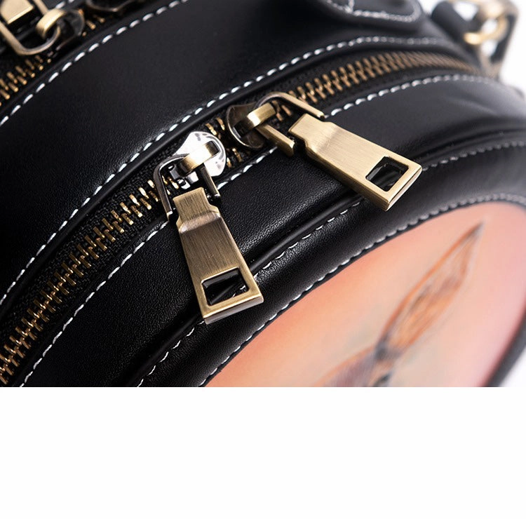 Handmade Womens Black Leather Round Handbag Purse Cat Round Crossbody Bag for Women