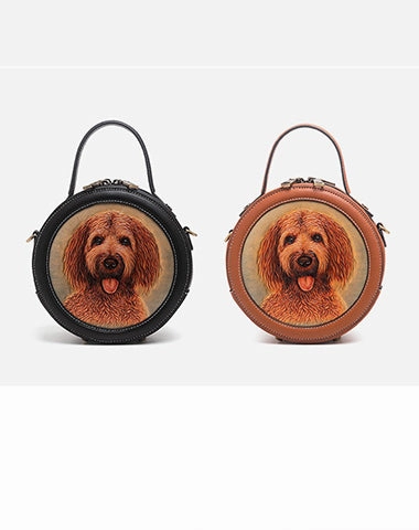 Handmade Womens Black Leather Round Handbag Purse Round Dog Crossbody Bag for Women