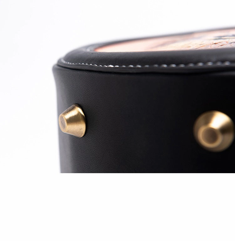 Handmade Womens Black Leather Round Handbag Purse Round Dog Crossbody Bag for Women