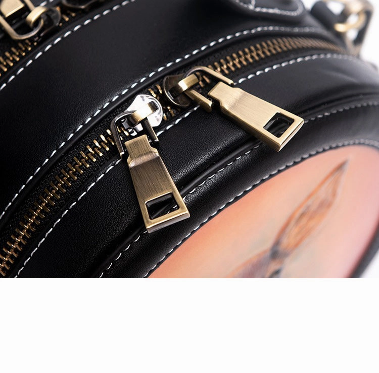 Handmade Womens Black Leather Round Handbag Purse Round Dog Crossbody Bag for Women
