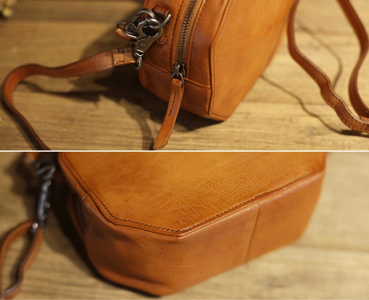 Handmade Womens Brown Leather Handbag Geometric Leather Square Shoulder Bag Crossbody Bag