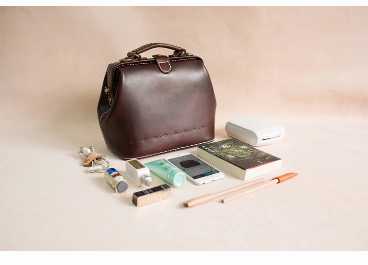 Handmade Womens Coffee Leather doctor Handbag shoulder doctor bags Purse for women