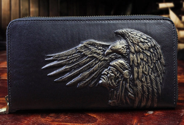 Handmade zip long wallet leather men Indian Cheif clutch phone wallet for men