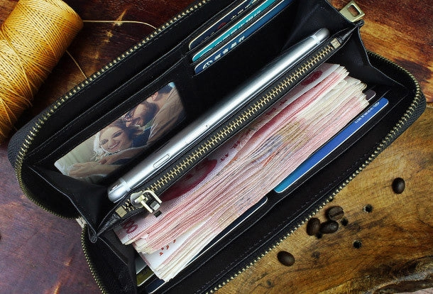 Handmade zip long wallet leather men Indian Cheif clutch phone wallet for men