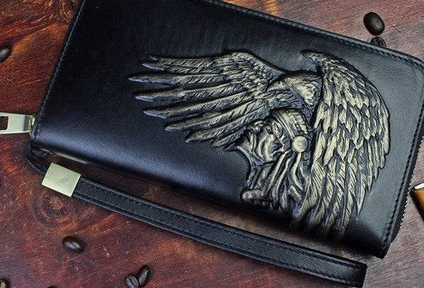 Handmade zip long wallet leather men Indian Cheif clutch phone wallet for men